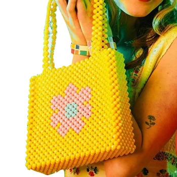 

NEW Popular Bead Bag Rainbow Hand-woven Pearl Celebrity Handbag Europe United States Unique Design Colourful Ladies Party Bag