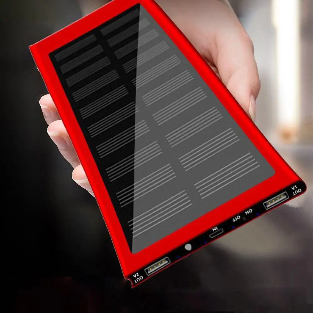 Blood red 10000 мАч Солнечный внешний аккумулятор ультра тонкий двойной USB светодиодный светильник внешний аккумулятор повербанк портативное зарядное устройство для Xiaomi iPhone X 7/8 - Цвет: Blood red