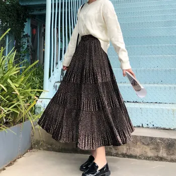 

Leopard Print Autumn & Winter Women'S New Simple Japanese Fashion Casual High Waist Mid-Length A-Line Cake Velvet Pleated Skirt