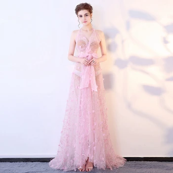 

pink bow flowers Sexy perspective dress tailing night club car model Show deep V-neck temptation long overalls evening dress