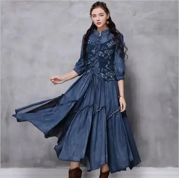 

2020 Spring New Pattern Irregular Denim Dress Retro Embroidery Half Sleeve High Street Denim Dress