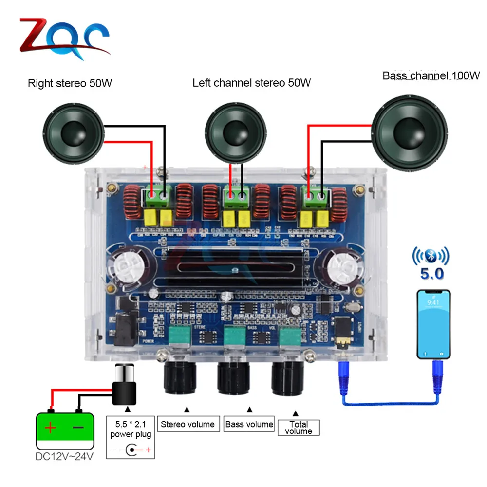 Bluetooth Amplifier Board Hifi Stereo 2.1 TPA3116D2 2X50W+100W 12V-24V Audio Power Amplifier Module Bass and Treble Control for Store Home Theater Speakers