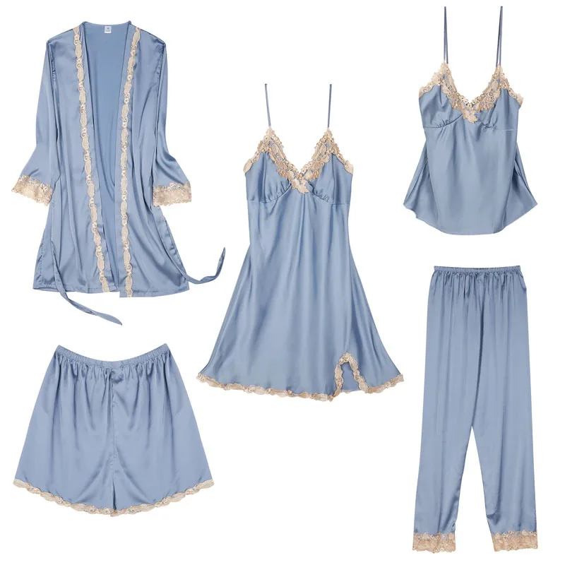 

Summer And Autumn Viscose WOMEN'S Pajamas Five-Piece Imitated Silk Fabric Ribbon Chest Pad Slip Nightdress Morning Gowns-Outer W