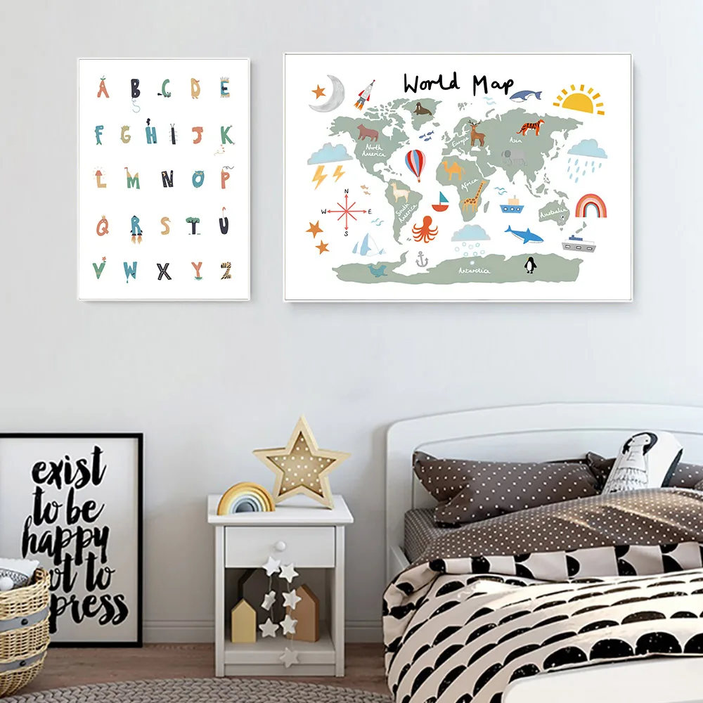 Alphabet-Nursery-Wall-Art-Canvas-Educational-ABC-Poster-Watercolor-World-Map-Prints-Illustration-Nordic-Kids-Decoration