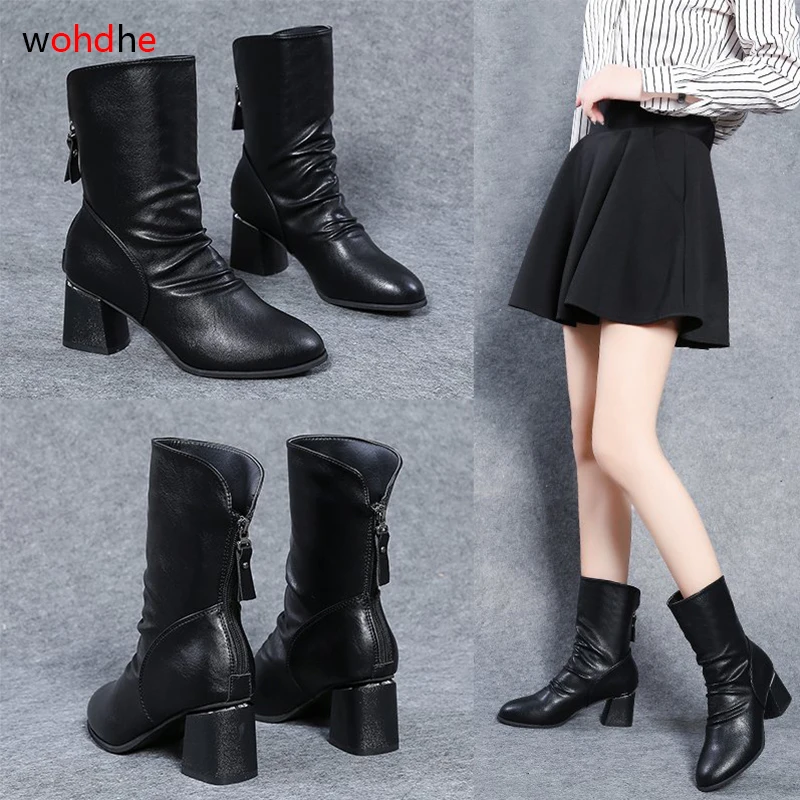 Wohdhe Boots Female Women Shoes Botas De Mujer Gothic Ankle Boots Combat Boots For Women Chunky Heels Autumn Zip Boots
