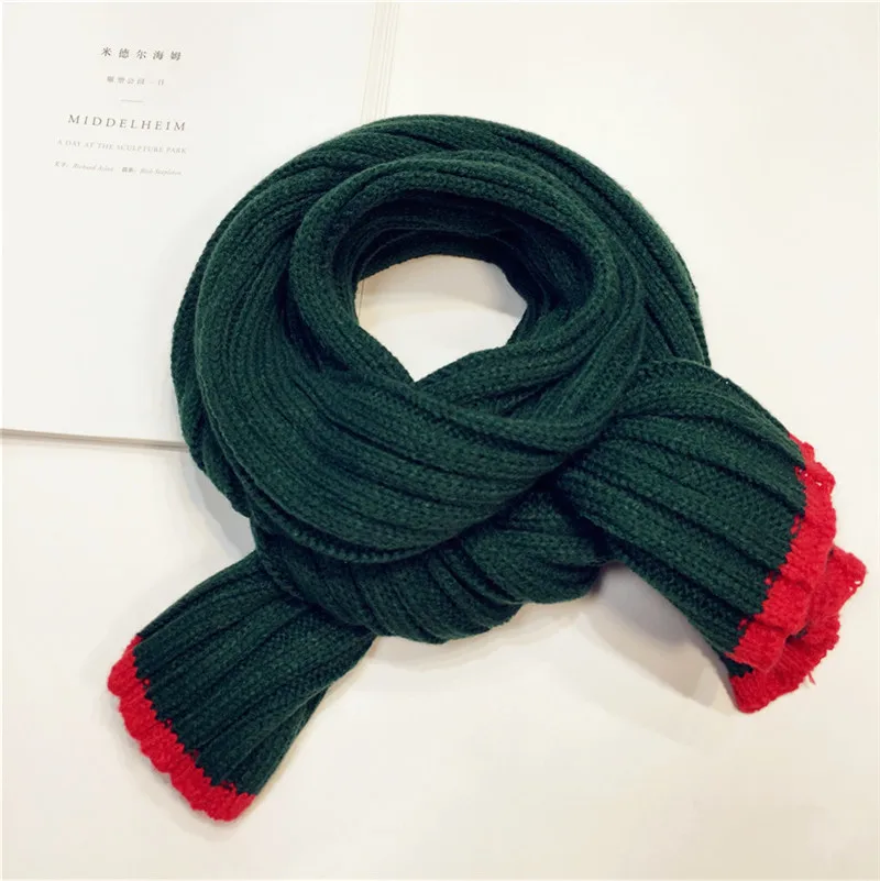 green Зимний шарф для детей, шарф, шаль, однотонные шарфы-Снуды для мальчиков и девочек, вязаный шерстяной шарф с воротником, модная детская одежда - Цвет: green