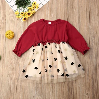 

Princess Infant Kids Baby Girls 6M-4T Dress Long Sleeve Star Print Lace Patchwork A-Line TUTU Dress Girls Autumn Clothes