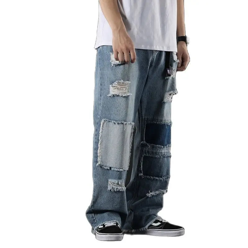 Tassel Pants Men's Blue Fashion Pendant Wide Leg Hip Hop Lazy Wind Jeans Ripped Patches  Loose Jeans Men Punk Street  Trousers 1