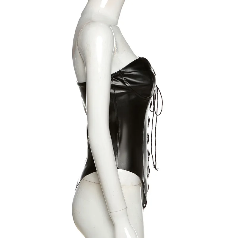 BKLD 2023 Autumn And Winter Clothing New Fashion Backless Sexy Strapless Lace Up Slim PU Faux Leather Bodysuit Women Clubwear