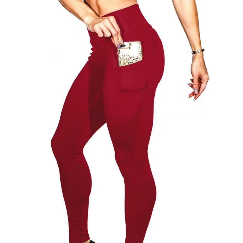 2022 Women's High Waist Hip Raising Leggings Sexy Solid Color Running Fitness Sports Leggings Summer Casual Pocket Yoga Pants
