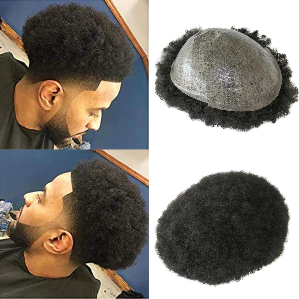 10MM Deep Afro  Kinky Curly Skin Thin Base Toupee Hair System Men\'s Wigs Pu Wave Mens Toupee 6MM Human Hair Replacement For Male