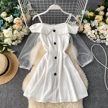 

Elegant front buttons white Dress Women 2020 Sexy off shoulder spring Long Sleeve white black Dress Ladies Bodycon Short Dress