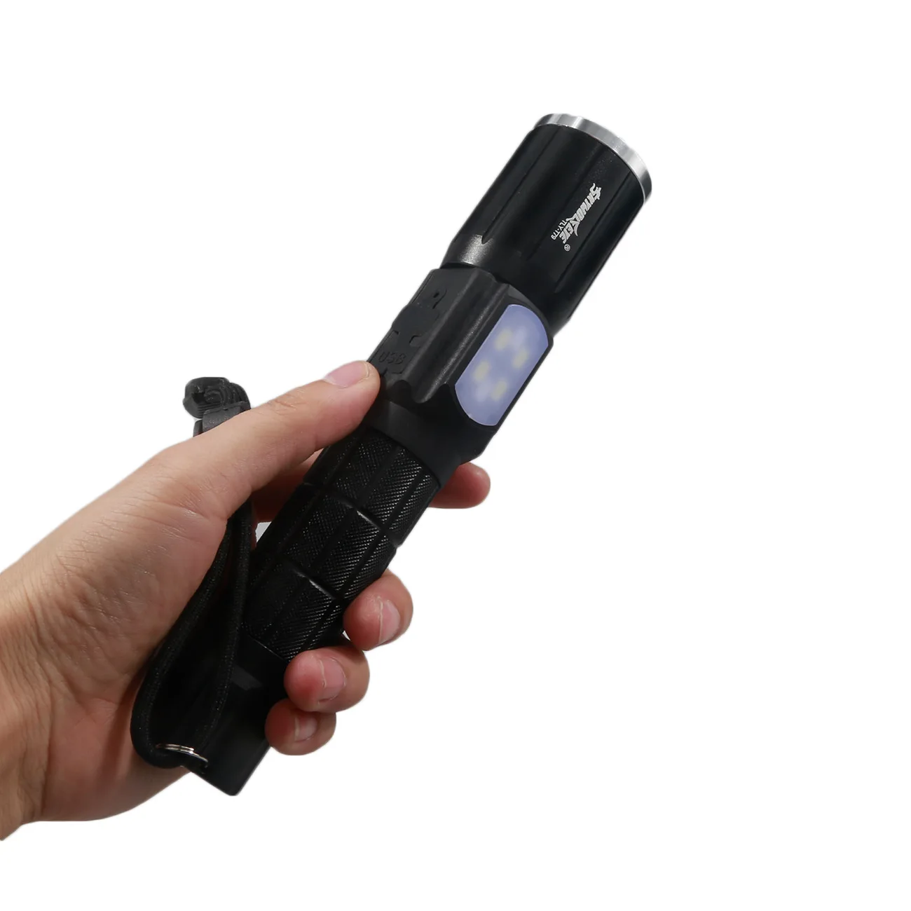

Amazon Hot Selling Glare Waterproof Rechargeable Flashlight T6 Zoom Long Shots LED Sidelight Alert Flashing Light USB Port
