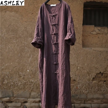 

2020 Long Shirt New Women Summer Vintage Thin Solid O-Neck Loose Chinese Style Seven Sleeve Cotton Linen Blouse Casual