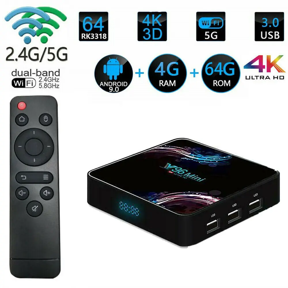 V96 6K Android 9.0 Smart TV Set-top Box 4G+32/64/128G WiFi BT TV Box Media Player US/UK/EU/AUPlug V96 6K Android 9.0 Smart TV Set-top Box 4G+32/64/128G WiFi BT TV Box Media Player US/UK/EU/AUPlug