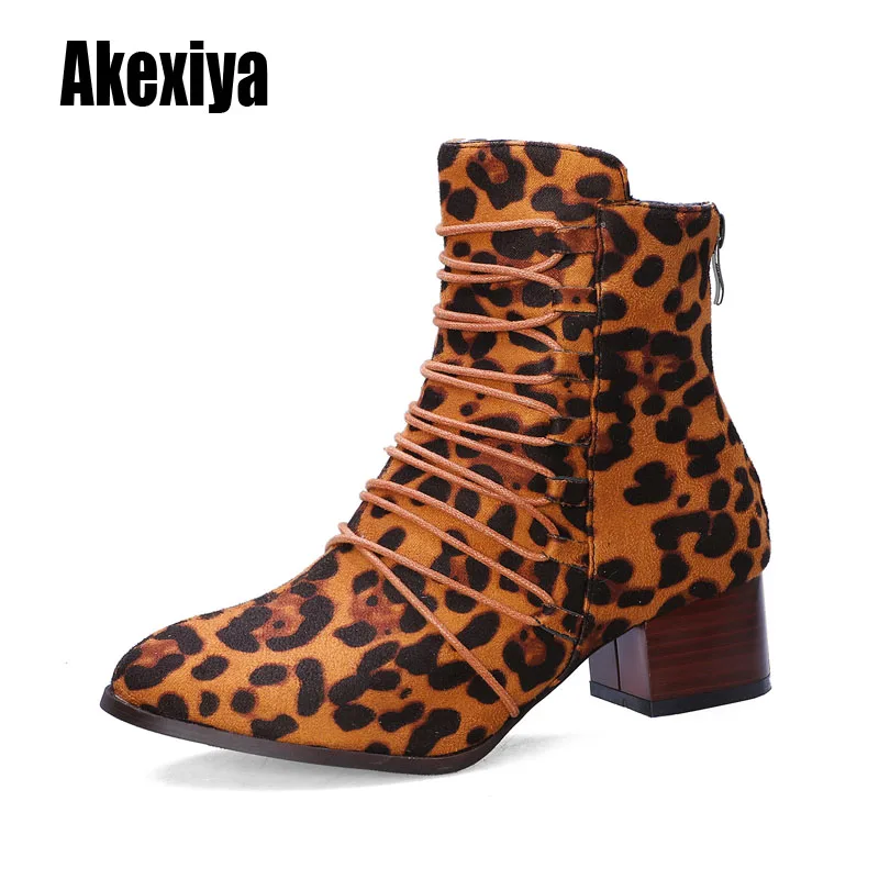 

2019 Women's Boots Leopard Print Square Heels Zipper leather Autumn Boots Women Round Head Shoes New Listing k462