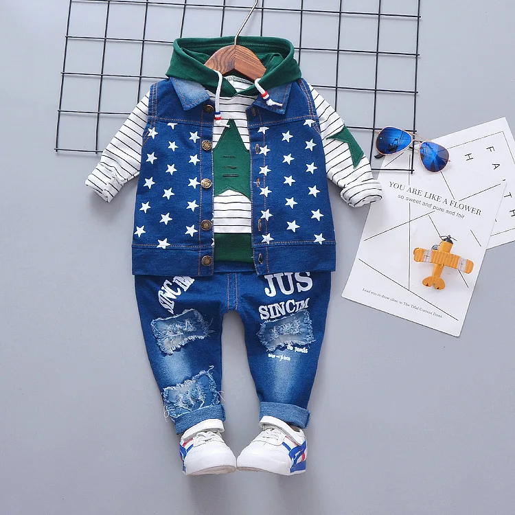 

Korean-style BOY'S Stripes Hooded Long-sleeved Sweater Childrenswear Spring And Autumn New Style Children Cowboy Waistcoat Three