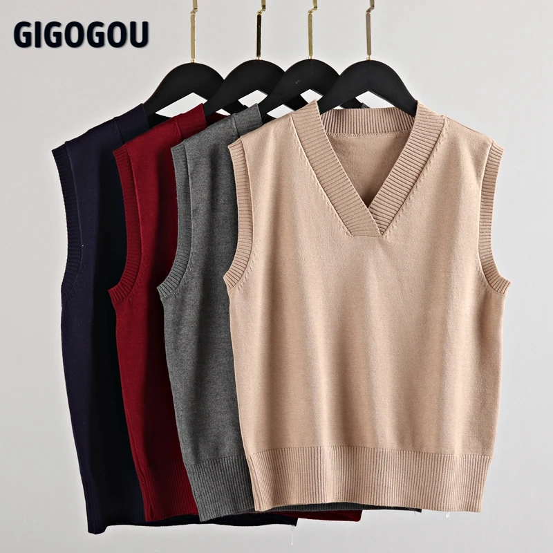 GIGOGOU S-4XL Spring Casual Women Sweater Vest Female Knitted Waistcoat Chic Sweater Tops Women Clothes Outfits