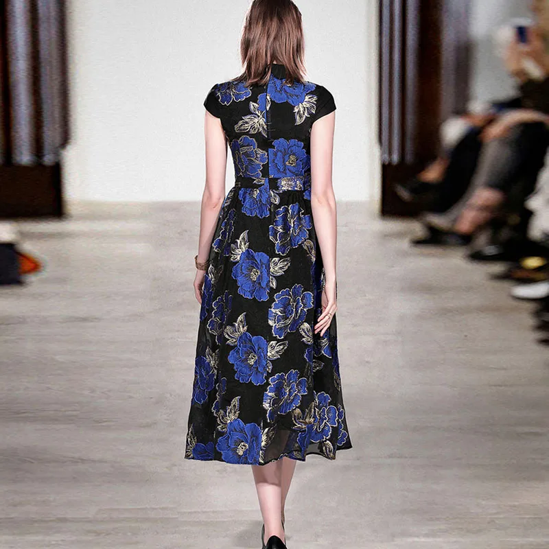 Elegant Women Runway Flower Print Jacquard Long