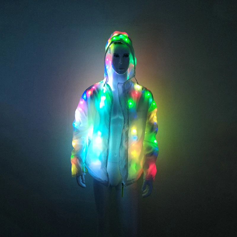 

Couple Halloween LED Hooded Stage Jacket Men Holiday Season Sparkling LED Light Up White Jacket Coat Plus Size Nightclub Clothes