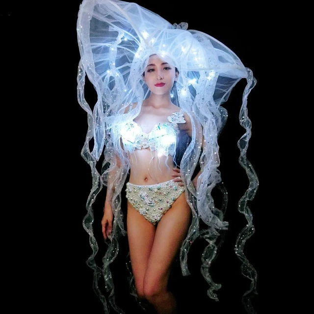 WYY Nightclub Led Luminous Jellyfish Stage Props Female Silver Shell Sexy  Goddess Costume Dance Team Marine Theme Party Bikini