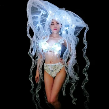 

LED light Jellyfish ballroom dance costumes luminous bikini bra dresses sexy catwalk performance party wears dj clothe club