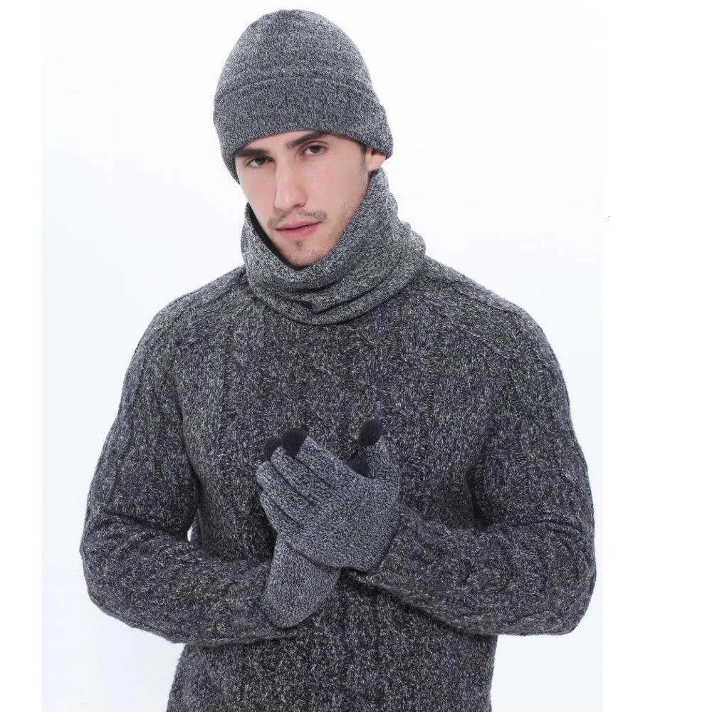 GKGJ, зимняя мужская вязаная шапка+ шарф+ перчатки с сенсорным экраном, комплект из 3 предметов, зимний теплый комплект одежды для мужчин