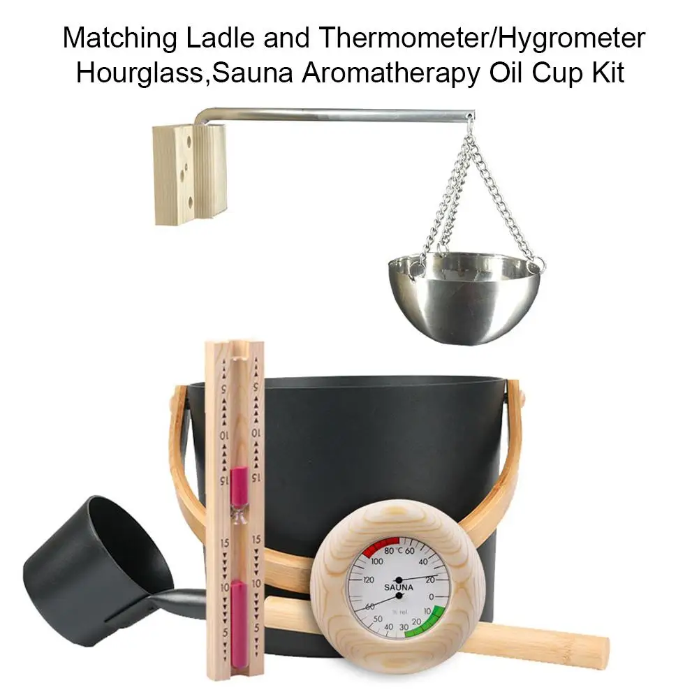 

7L Sauna Bucket Set With Long Handle Spoon Hourglass Thermometer/Hygrometer Sauna Aromatherapy Oil Cup Kit