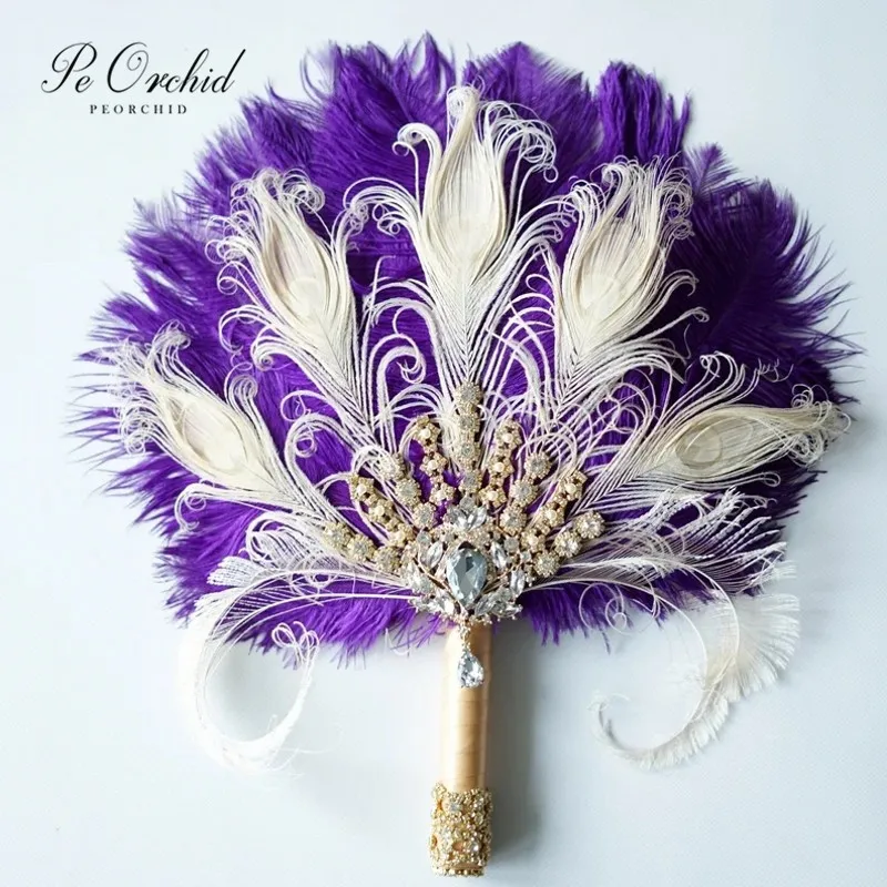 PEORCHID Purple Gold Bridal Fan Bouquet Ostrich Feather Bridesmaid Hand Fan Ramo De Novia Gatsby 1902s Weddiing Brooch Bouquet