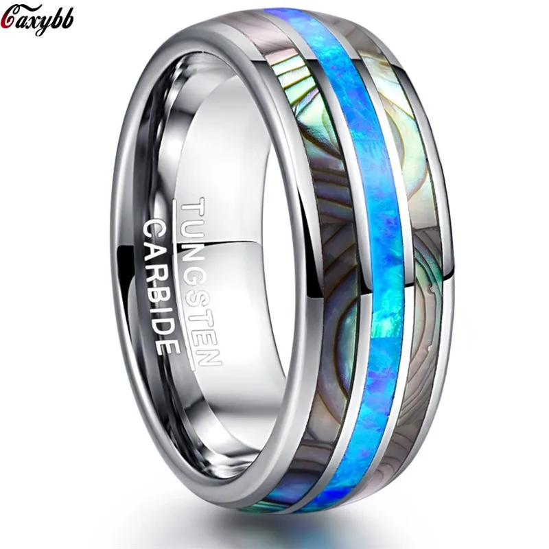 

8mm Luxury Silver Tungsten Carbide Ring Blue Fire Opal & Shell Inlay For Men Women Wedding Engagement Ring Bague Homme