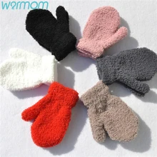 WARMOM/зимние теплые толстые плюшевые перчатки для детей от 1 года до 4 лет, перчатки на полный палец, 6 цветов, мягкие теплые однотонные вязаные варежки, перчатки