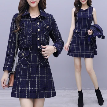 

2020 Autumn Winter New Small Fragrance Tweed Two piece Suits Women Elegant plaid Long Sleeve Jacket Coat+Sleeveless Vest Dress