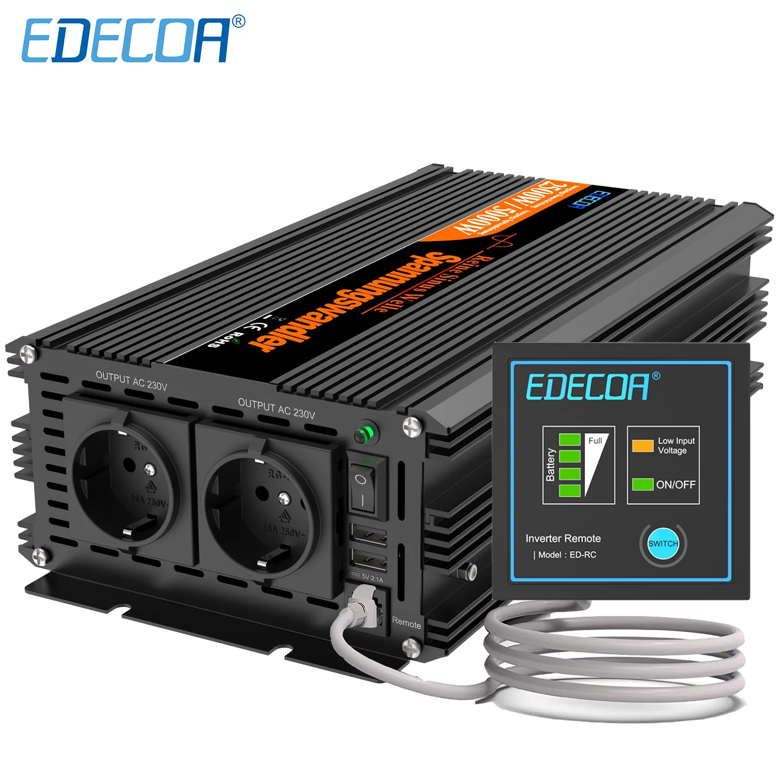 EDECOA-inversor onda pura 2500W, convertidor de potencia fuera de red de  2500 W, cc 12V 24V a CA 220v 230v 2500 vatios, inversor 12 v 220 v