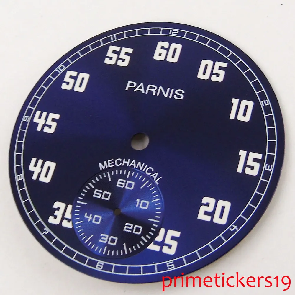 Синий циферблат 38,9 мм Parnis с белыми цифрами подходит для 6498 с ручным заводом Мужские часы с циферблатом