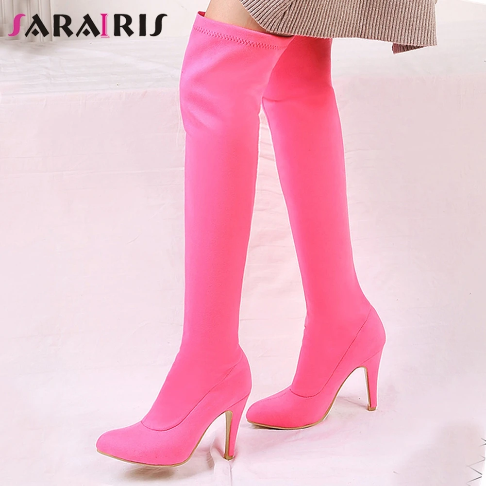 

SARAIRIS 32-45 Sweet Candy Colors Over The Knee Boots Ladies Sexy Stretch Thigh High Boots Women 2019 High Heels Shoes Woman