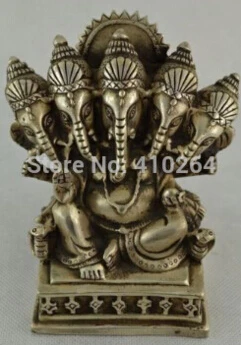 

free shipping China Silver Buddhism Tibet 5 Head Ganapati Ganesh Lord Ganesha Buddha Statue