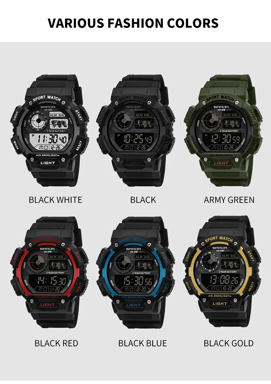 Fashion Sport Watch Men Shockproof Stopwatch Wristwatch Luxury Luminous Digital 50M Watches Mens Brand Sanda Waterproof Clock