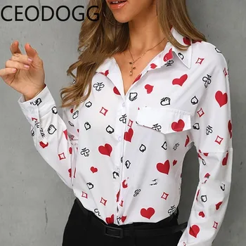 

Ceodogg Turn Down Collar Long Sleeve Single Breast Blouse Women Retro Heart Pattern Ol Slim Blusas Spring 2020 New Pocket Shirt