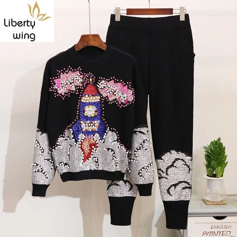 

Top Quality Womens Embroidered Flares Sequins Loose Kintting 2Pcs Sets Sleeve O-Neck Sweatshirt Elastic Waist Long Pants