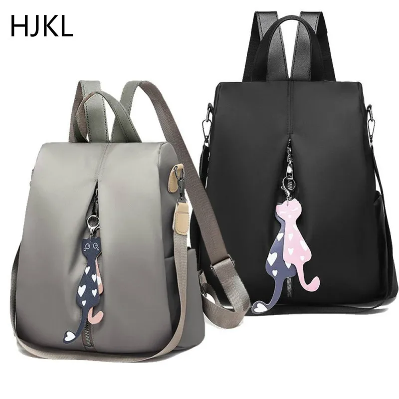 

Nylon Backpack Multi-use Solid Color Large Daypack for Female Bagpack with Cat Pendant Woman's Simple Travel Shoulder Bags Pack