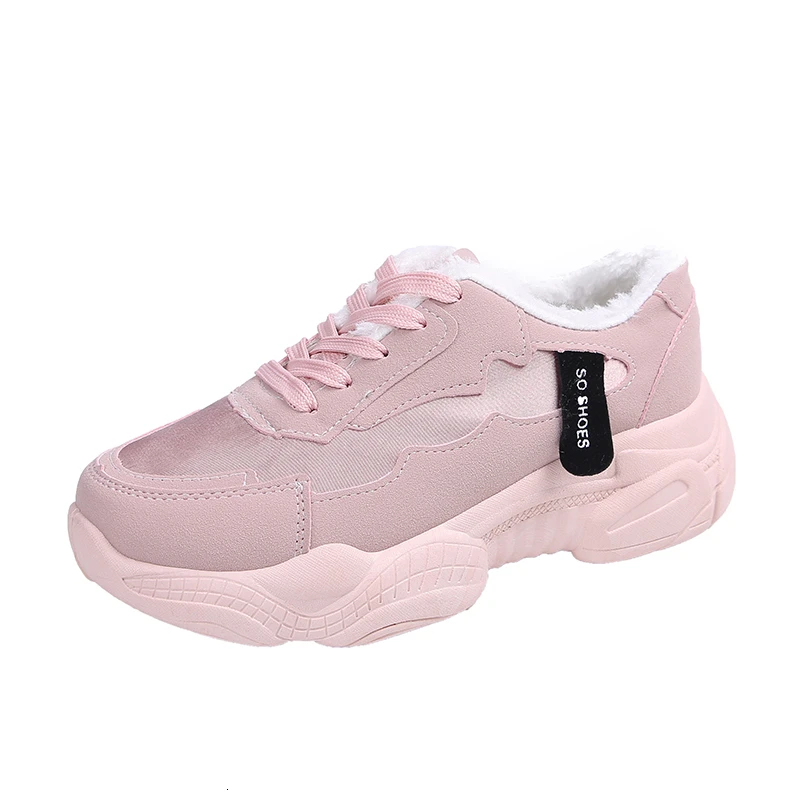 Теплые зимние короткие плюшевые кроссовки; Новинка года; женская обувь; модные уличные кроссовки; женские кроссовки на плоской подошве - Цвет: Pink