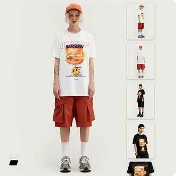 

VIMASS 2020 spring summer new personality hamburger food printing men women cotton cylinder short sleeve tshirt tide