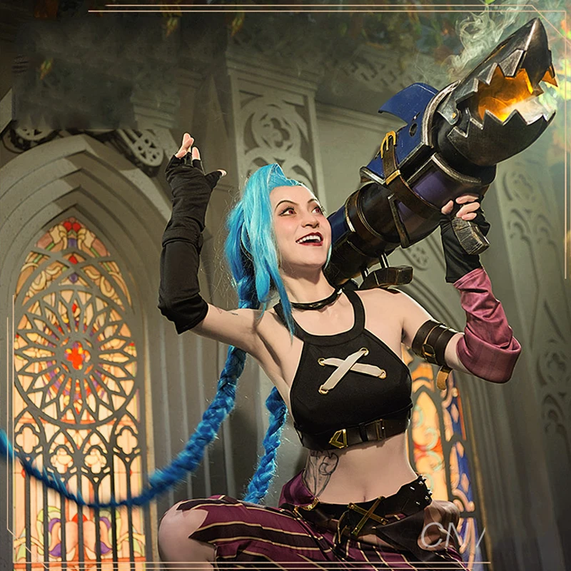 アニメLOL秘儀コスプレjinxコスプレ衣装ウィッグ靴タトゥー