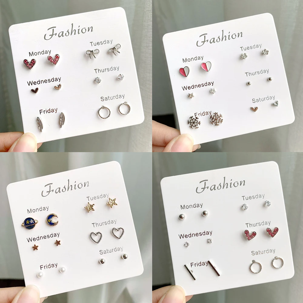 

6 Pairs/set Minimalist Mixed A Week Small Earrings Set Simple Cute Tiny Heart Knot Circle Bar Geometric Stud Earrings for Women