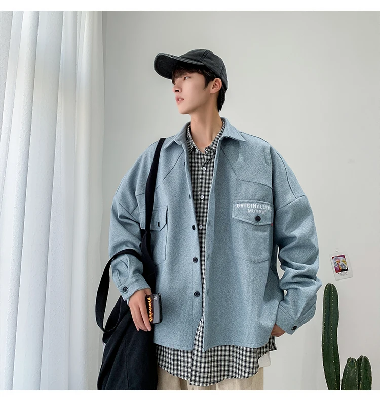 Autumn New Woolen Jacket Men Fashion Solid Color Casual Woolen Coat Man Streetwear Wild Loose Jackets Male Clothes M-2XL
