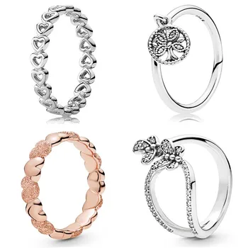 

Authentic 925 Sterling Silver Ring Rose Matte Brilliance Linked Love Hearts Tree Of Love Ring For Women Fine Jewelry