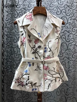 

High Quality Vest Jacket 2020 Spring Coat Women Notched Collar Exquisite Embroidery Covered Button Vintage Vest Coats Linen