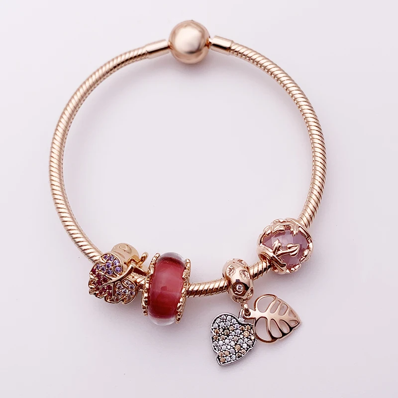 XIAOYI, новинка, S925 1:1, волшебный лес, Розовый стеклянный лист ZT0412, ювелирное изделие, рождественский подарок подруге, очаровательный браслет