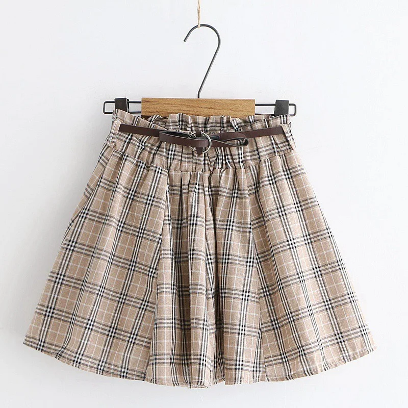 

Summer New Style Hipster Half-length Short Skirt Belt High-waisted Plaid Versatile College Style A- line Pleated Skirt S26396