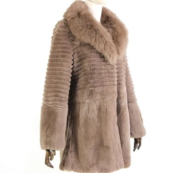

women fur coat Real Fox Fur Collar Long Coat Stripe Nature Pure Genuine Rabbit Fur Jacket Factory Outlet Wholesale OEM Fur